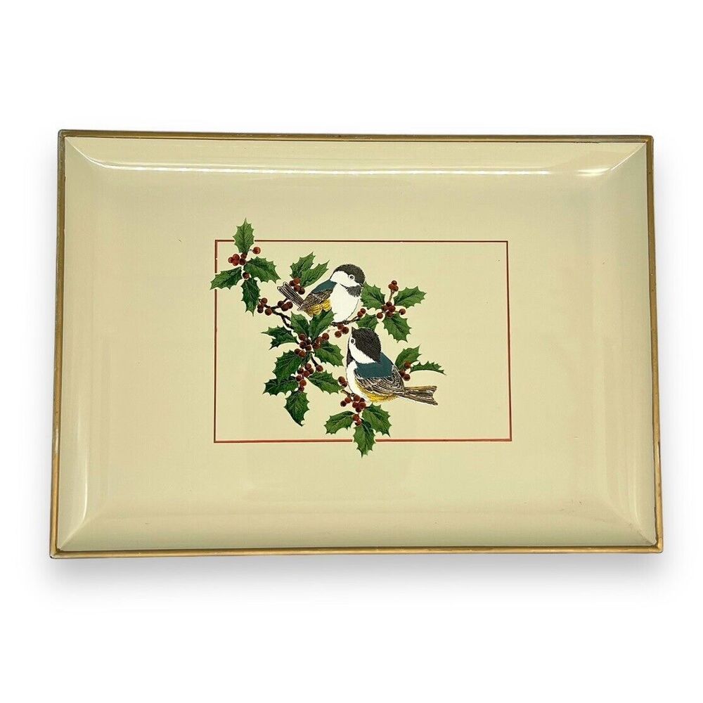 Vintage Otagiri Japan Lacquerware Tray Chickadees on Holly Christmas Bird 8.5x6”